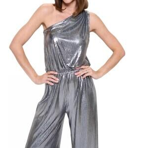 NEW RENEEC. one shoulder wide leg jumpsuit in silver